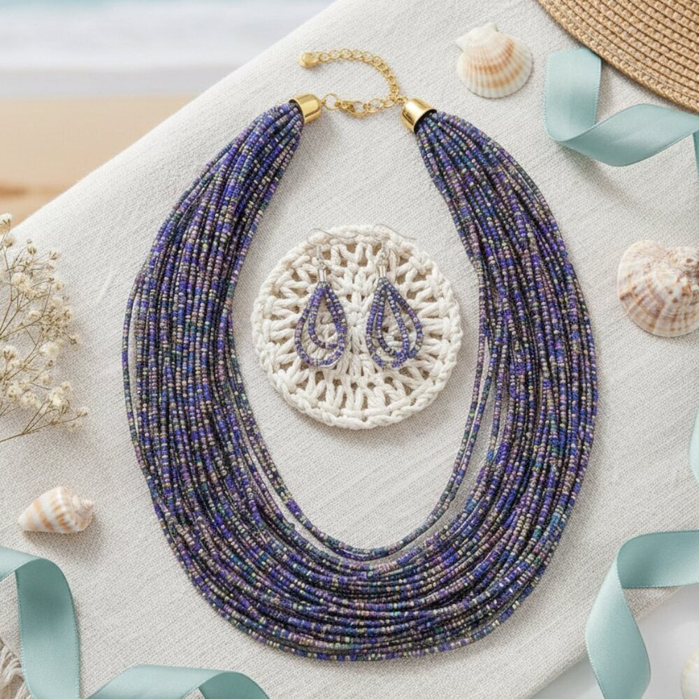 Handmade Boho Chic Multilayered Beaded Necklace & Earrings Jewelry Set